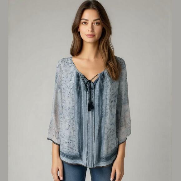 Lucky Brand Blue Floral Tie Neck Contrast Border Detail Chiffon Hobo Top S - Picture 1 of 10